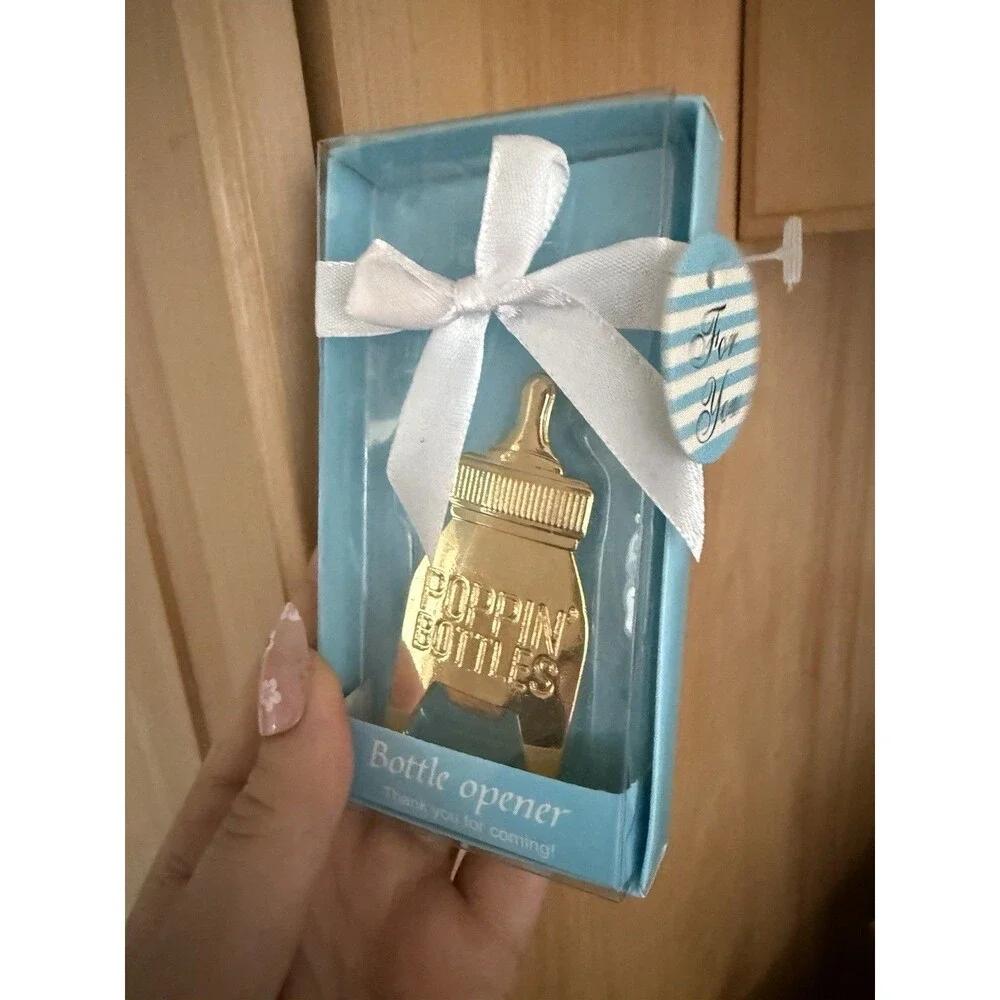 Poppin’ Bottles Gold Metal Bottle Opener Baby Shower Favor Gift Box Tag